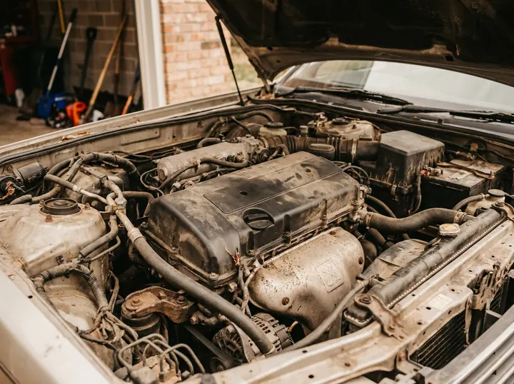 Symbolbild: Geöffneter, verschmutzter Motorraum eines älteren Autos in einer Garage